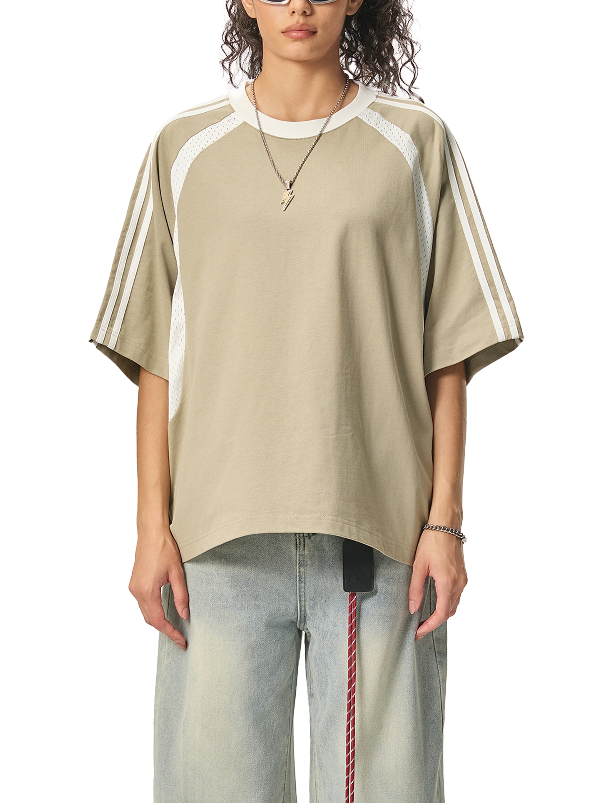 Never Left Behind - Woman Christian Contrast Stripes Panel Mesh T-shirt