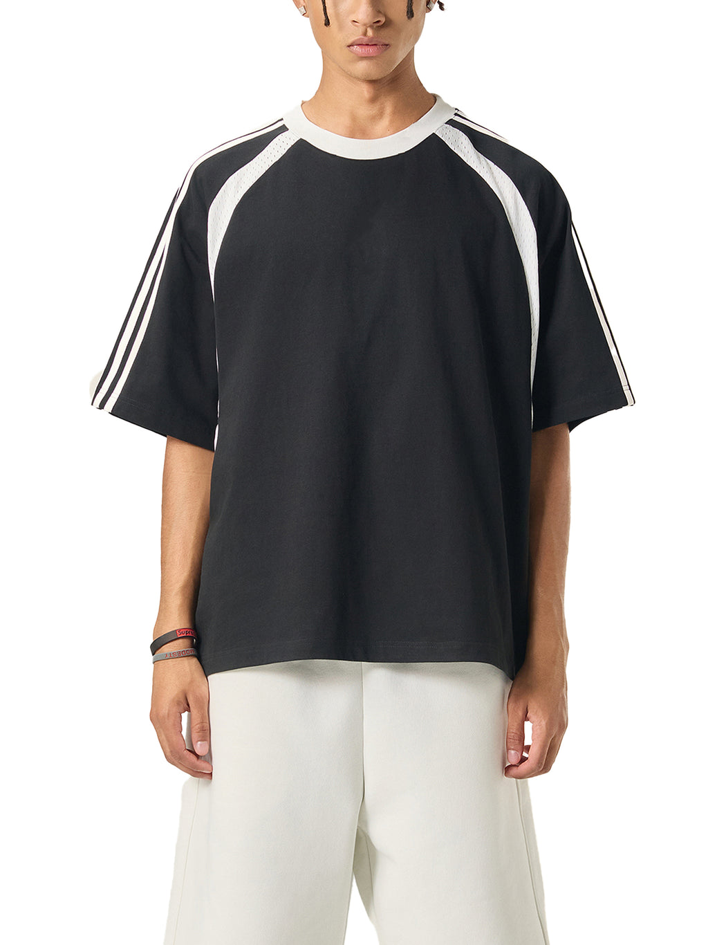 Never Left Behind - Woman Christian Contrast Stripes Panel Mesh T-shirt